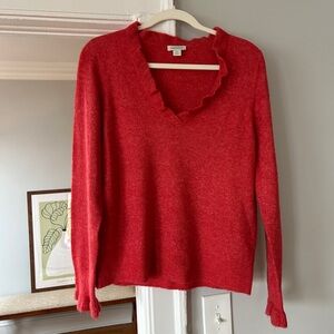 Sundance Red V-Neck Sweater with Ruffle Trim | Size Medium